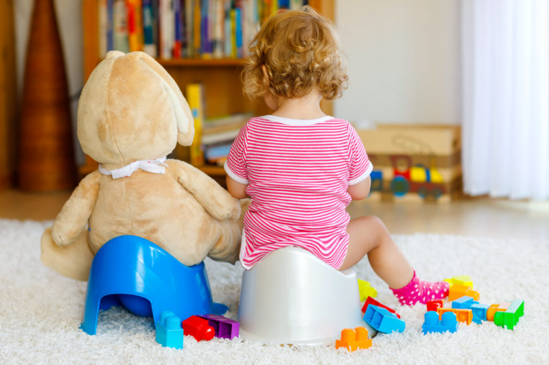 Closeup of cute little 12 month old toddler baby girl child sitting on potty with a teddy doing the same next to her