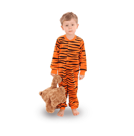 Boy in tiger suit holding bear