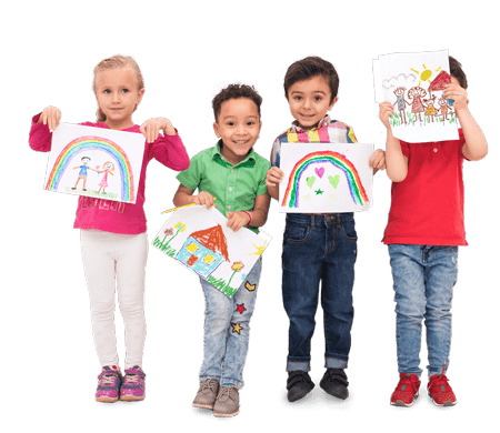 Group of children holding up hand-drawn pictures