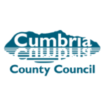 Cumbria county council logo which is white and blue with the word cumbria written on a silhouette of hills and reflected in water
